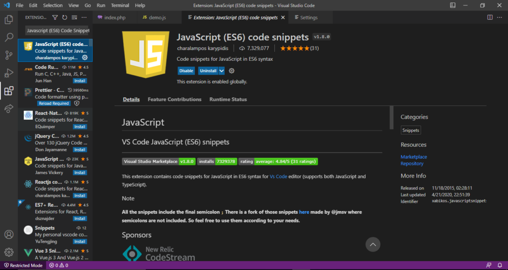 Javascript Code Snippets Extension